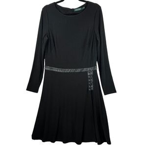 Lauren Ralph Lauren Midi Dress Size 12 Black Leather Trim Goth Viking Ren Faire